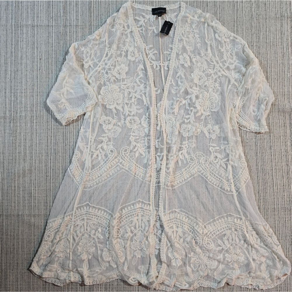 Lane Bryant Cream Sheer Mesh Floral Lace Embroidered Kimono Coverup 26/28 NWT